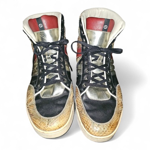 GUCCI Ayers Trainer Lux Snakeskin Trim / Metallic Silver Men's Gucci Sz 9 / US 9 - Picture 1 of 16